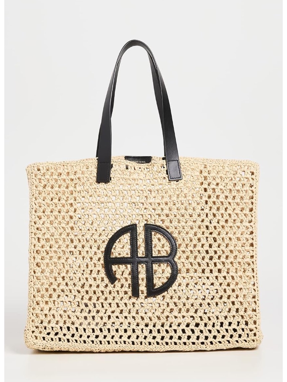 Anine Bing Natural Woven Tote with Black Trim and Monogram